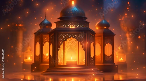 Ornamental Arabic lantern with burning candle glowing at night mosque background photo