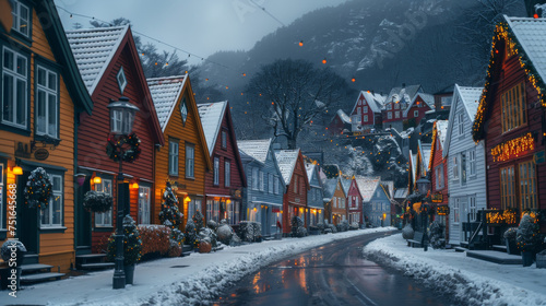 Panorama of historical buildings of Bergen at Christmas time. View of old wooden Hanseatic houses in Bergen. photo