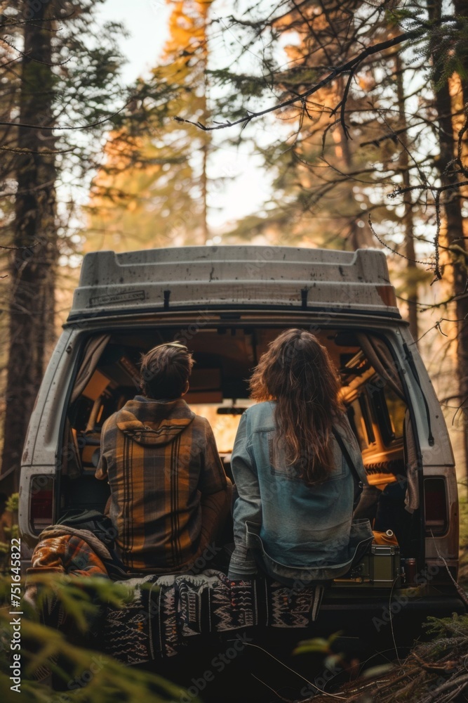 A couple in love in their camper van in the mountains