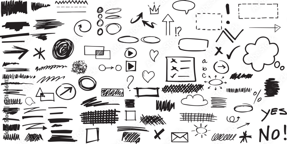 Sketch underline, emphasis, arrow shape set. Hand drawn brush stroke ...