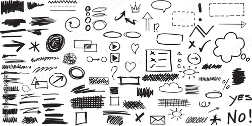 Sketch underline, emphasis, arrow shape set. Hand drawn brush stroke, highlight, speech bubble, underline, sparkle element. Vector illustration