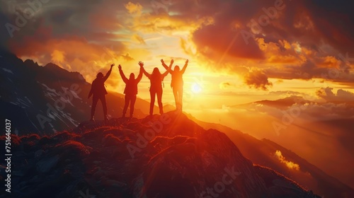 back view group of people spending time together in the mountains and excited making a winner gesture with arms raised over with warm Sunset Light