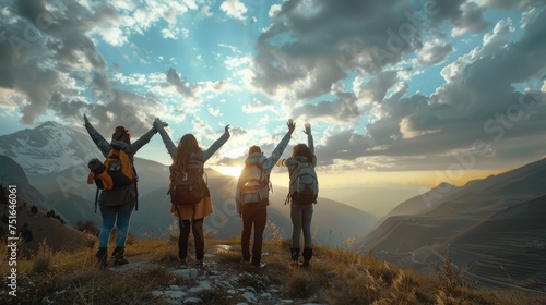back view group of people spending time together in the mountains and excited making a winner gesture with arms raised over with cloudy sky.