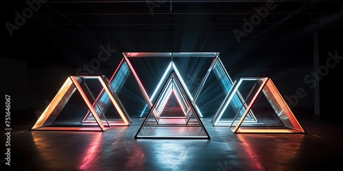 Illuminated geometric neon light installation artfully displayed in a minimalist, dark setting