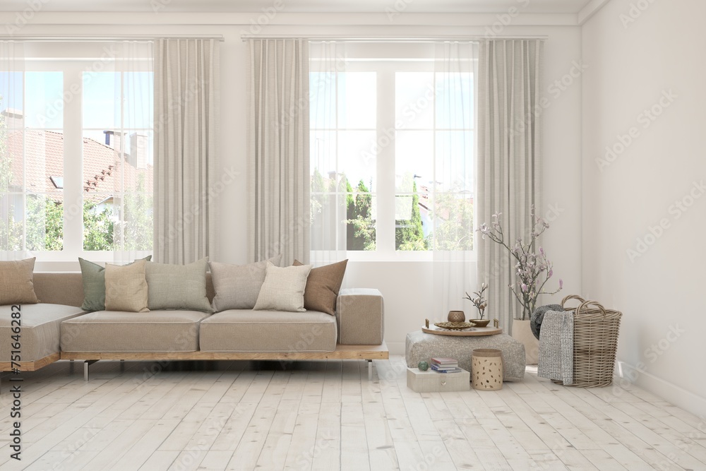Fototapeta premium White scandinavian interior design with sofa. 3D illustration