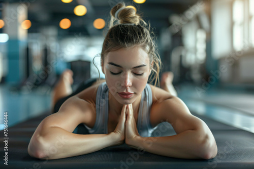Health Club Serenity  Young Sportswoman Embraces Relaxation in Cobra Pose. Generative AI.