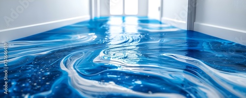 Contemporary epoxy resin floor design featuring white and blue color scheme. Concept Epoxy Resin Flooring, Contemporary Design, White and Blue Color Scheme photo