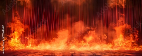 Fiery spectacle ensues as flames engulf red velvet curtains on theatre stage. Concept Dramatic Fire Incident, Theatre Stage Disaster, Red Velvet Curtain Flames, Spectacular Blaze