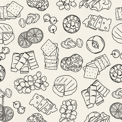 Doodle charcuterie board food seamless pattern