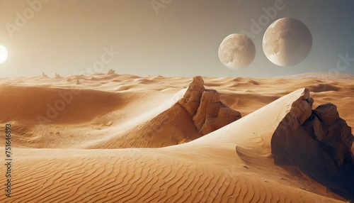 Imaginary planet landscape. Sand desert with gigantic dunes and mountains, two moons in the sky. photo