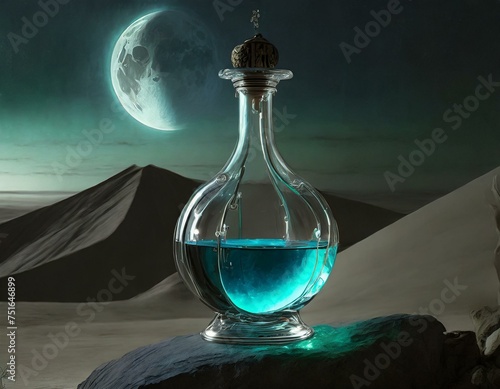 Crystal glass bottle with blue potion on a desert sand dune, big moon n the sky. photo