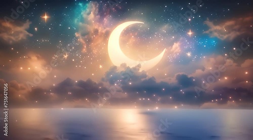 Ramadan Kareem background with crescent, stars and glowing clouds above serene sea photo