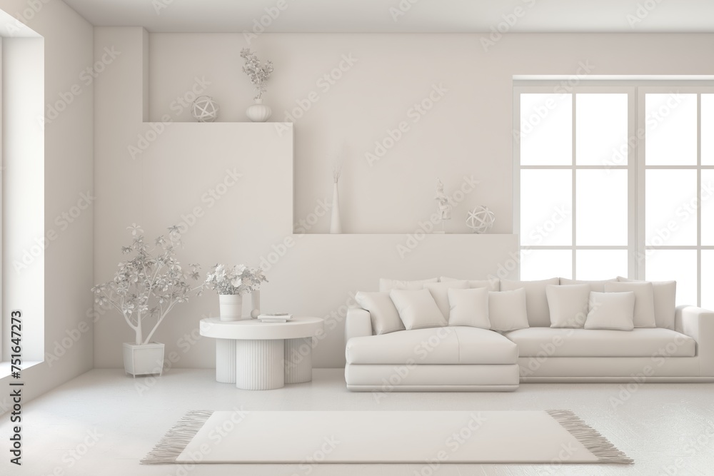 Grey interior design concept with furniture. 3D illustration Grey interior design concept with furniture. 3D illustration