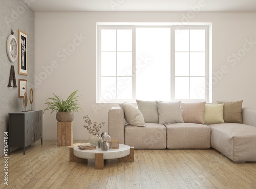 White living room with sofa. Scandinavian interior design. 3D illustration