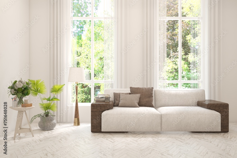 Contemporary classic white interior with furniture and decor and summer landscape in window. Scandinavian interior design. 3D illustration Contemporary classic white interior with furniture and decor and summer landscape in window. Scandinavian interior design. 3D illustration