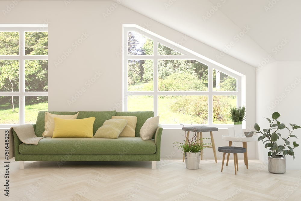 White living room with sofa and summer landscape in window. Scandinavian interior design. 3D illustration White living room with sofa and summer landscape in window. Scandinavian interior design. 3D illustration