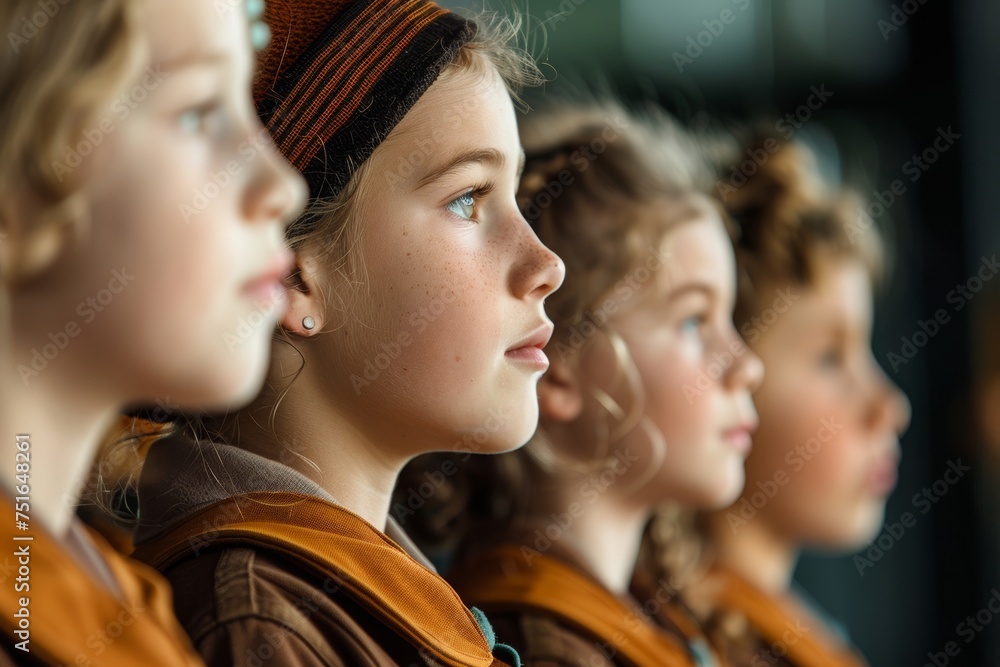Profile of young girls in brown uniforms in a row, sharp focus, with a blurred background.
Profile of young girls in brown uniforms in a row, sharp focus, with a blurred background.