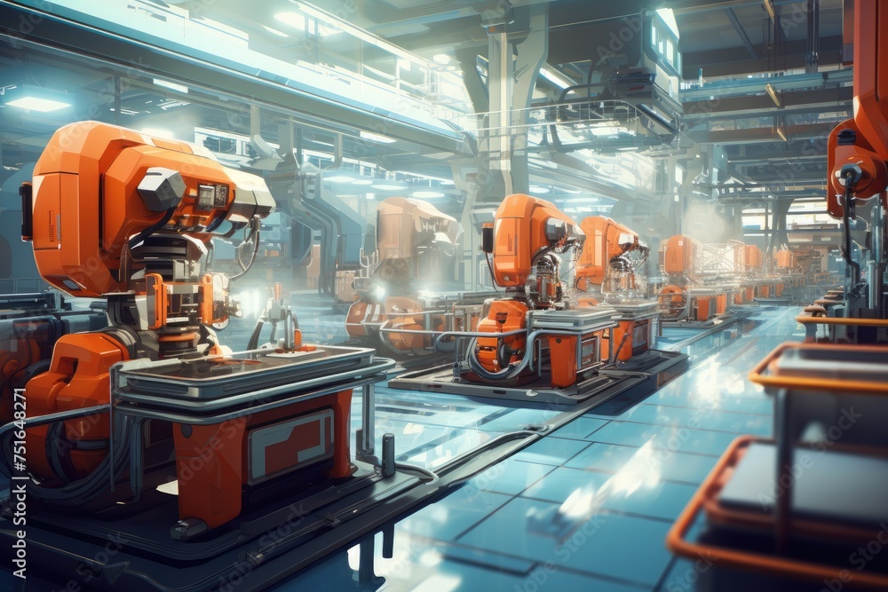 Robot assembly line in a futuristic factory. Factory 3D Concept: Automated Robot Arm Assembly Line Manufacturing, Ai generated