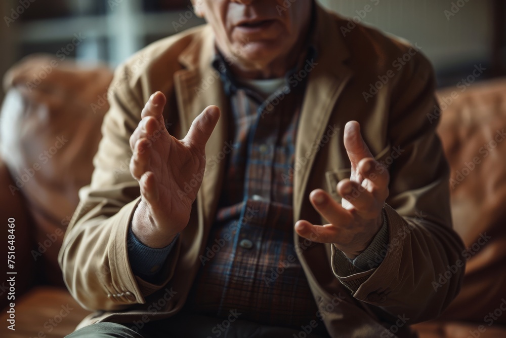 Elderly man gesturing with his hands in a storytelling session, his experience and wisdom palpable in the gesture.

