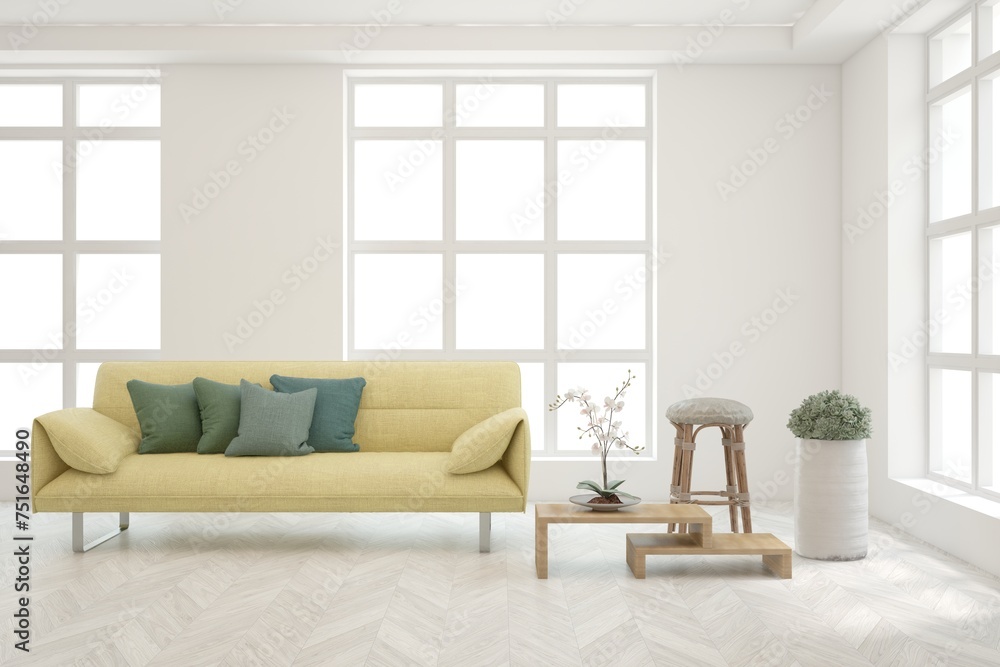 White living room with sofa. Scandinavian interior design. 3D illustration White living room with sofa. Scandinavian interior design. 3D illustration