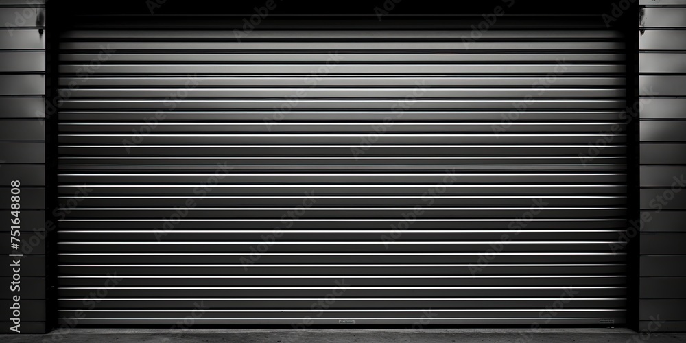 Fototapeta premium Shutters, gates, steel doors, loading section, garage view. locking mechanism. black grey. wide format.