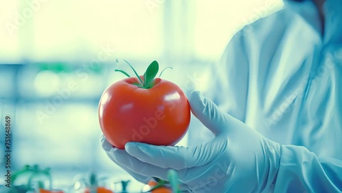 hand scientist hold tomato in technology GMO laboratory. laboratory studies, vegetable, laboratory, biology, science, agriculture, chemical, research, modification, test, nutrition. photo