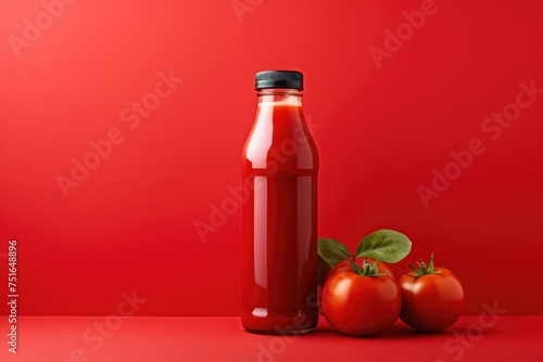 Bottle of fresh red tomato juice on a red background isolated © Marat