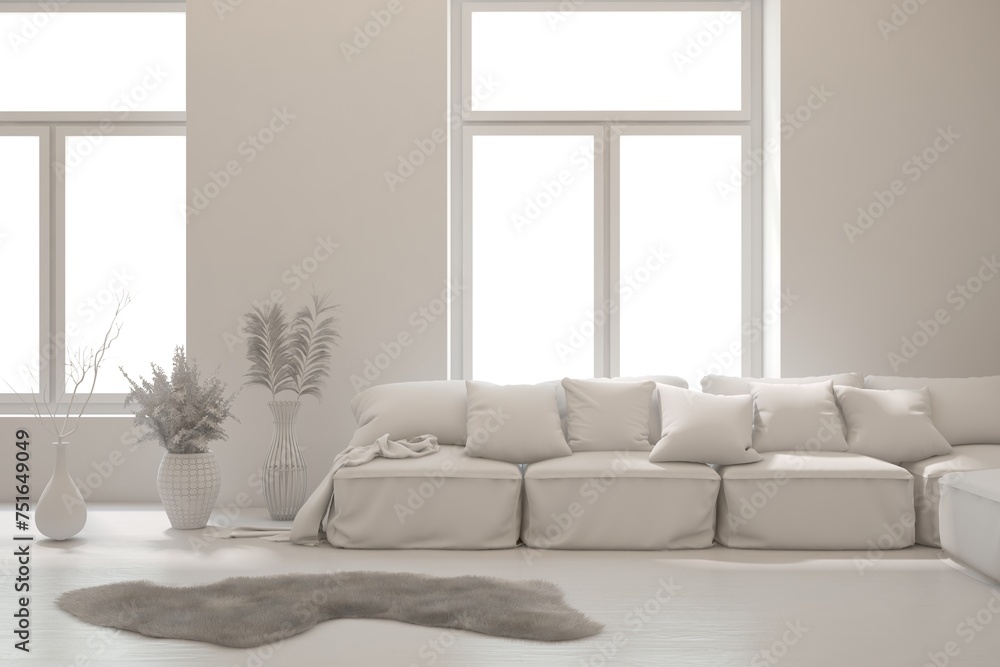 Obraz premium Grey interior design concept with furniture. 3D illustration