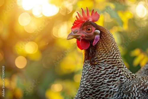 A hen seen from a low angle, looking majestic and dignified, with the sunlight filtering through its feathers, emphasizing its colors and textures  photo