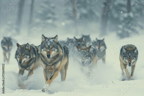 A pack of wolves moving through a snowy landscape, their fur contrasting with the white environment, showcasing their adaptation and unity  photo