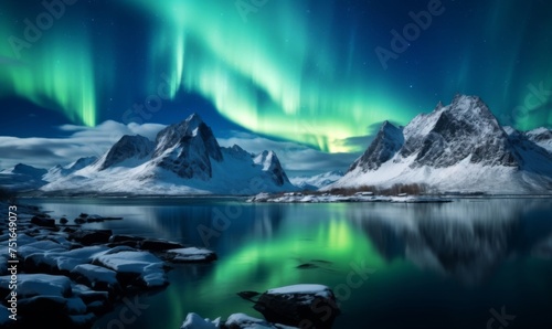 Aurora Borealis, Lofoten islands, Mountains and the frozen ocean. 