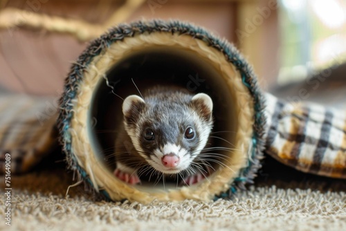A playful ferret peeking out from a tube, in a room designed for its enrichment and play  © Andrei