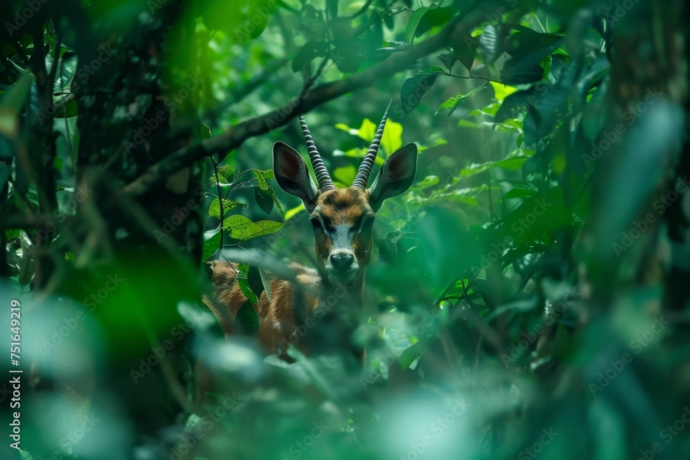 A saola (Asian unicorn) seen through a veil of green foliage, creating a mysterious and rare sighting A saola (Asian unicorn) seen through a veil of green foliage, creating a mysterious and rare sighting