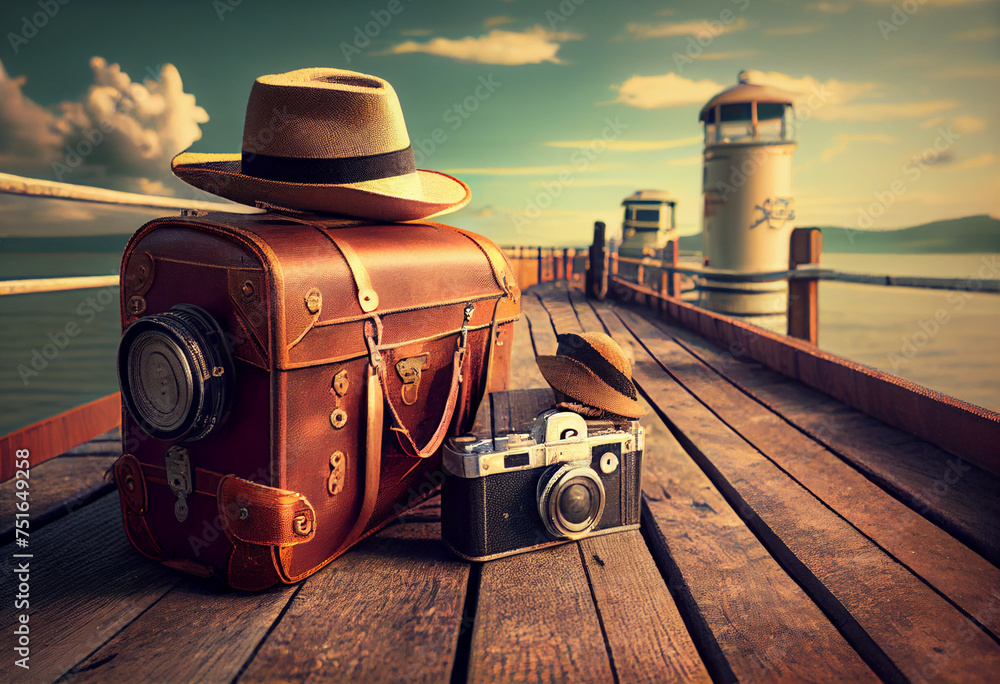 Vintage illustration, suitcase, hat and photo camera on a wooden pier waiting for a cruise. Vacation and travel concept. AI generated. - obrazy, fototapety, plakaty 