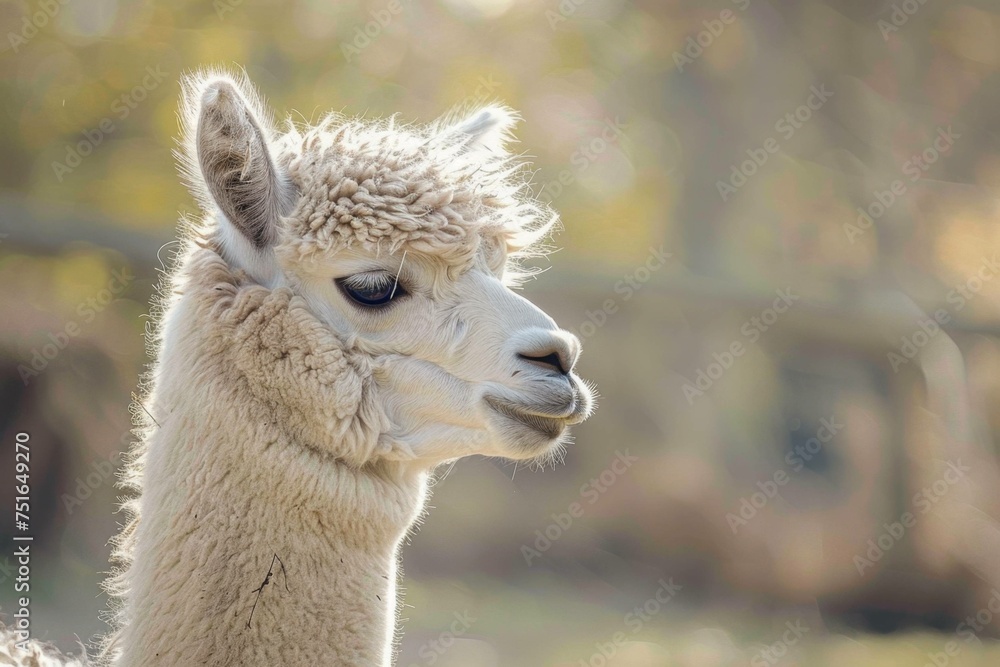 A single, serene alpaca looking into the distance, its soft and textured coat highlighted in the natural light, conveying a sense of calm 