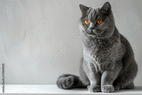 A robust British Shorthair cat sitting majestically, its dense coat and calm demeanor exuding confidence 