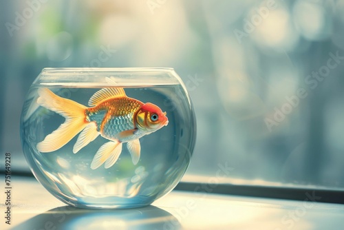 A serene goldfish moving elegantly in a fishbowl placed in a peaceful setting  with natural light filtering through 