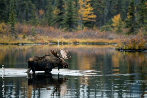 A solitary moose wading through a quiet, reflective lake in the forest, its towering antlers casting a striking silhouette  photo