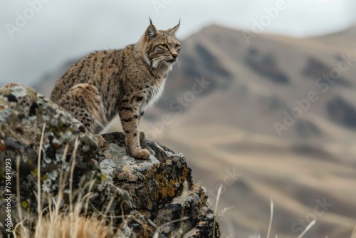 An Andean mountain cat perched gracefully on a high altitude rocky terrain, surveying the surroundings 