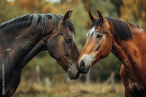 Two horses grooming each other, a behavior known as allogrooming, demonstrating the social bonds and care behaviors among farm animals --style raw photo