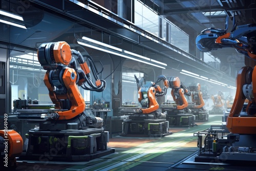 Robot assembly line in a futuristic factory. The automation of manufacturing processes with a robotic arm, Ai generated