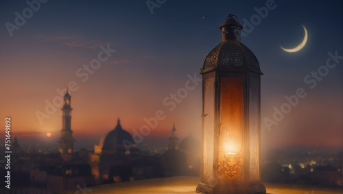 Ornamental Arabic lantern with burning candle glowing at night mosque background. Festive greeting card, invitation for Muslim holy month Ramadan Kareem.