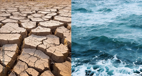 Dry earth land and blue ocean water. Drought and flood. Climate change and global warming environmental concept. Split image.