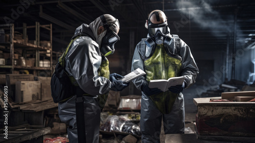 Group of ecologists working on dump evaluating pollution damage. Two male scientists in protective suits examining toxic waste and estimating pollution in tons of garbage.