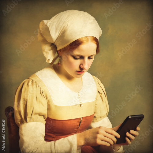 Oil painting in Renaissance style, portrait of a beautiful 18th century French maid using a smartphone, historical surrealism, contemporary art