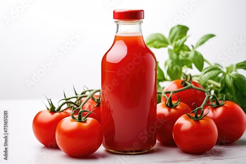 Bottle of fresh red tomato juice on a white background isolated © Marat