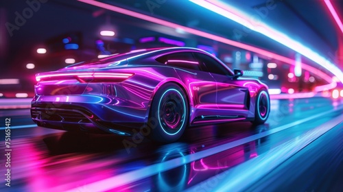 A futuristic sports car and racing cars accelerates on a neon highway with colorful light trails © เลิศลักษณ์ ทิพชัย