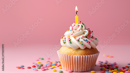 Celebratory Cupcake with Candle and Sprinkles on Pink