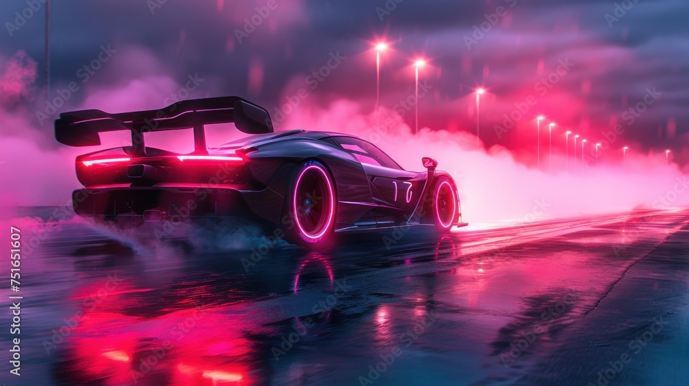 A futuristic sports car and racing cars accelerates on a neon highway with colorful light trails