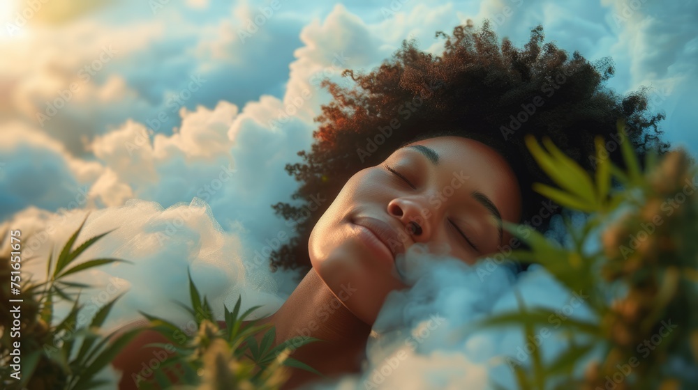 CBN concept of healthy sleep and relaxation. Woman sleep in a cloud surrounded by cannabis plants. Healthy sleep with hemp cbn oil and pain relief with marijuana extract cbd oil. - obrazy, fototapety, plakaty 